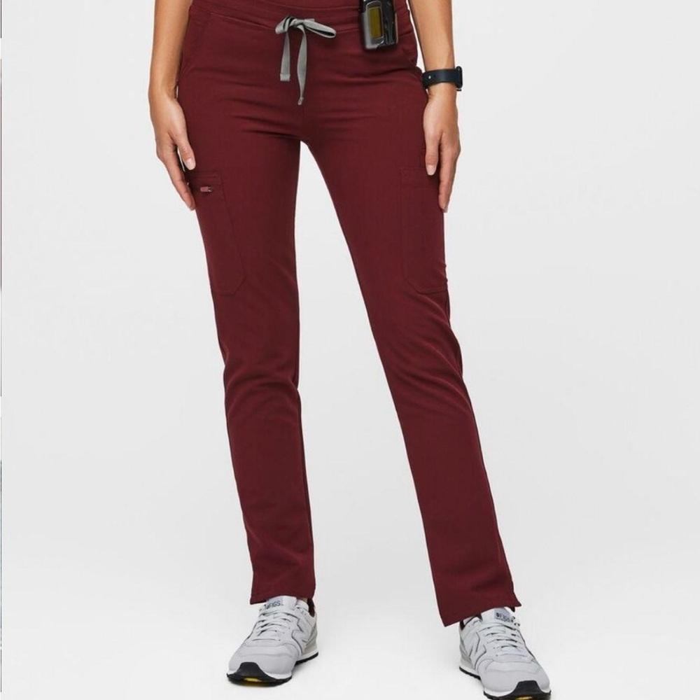 Figs Maroon Jogger Pants with Gray Drawstring